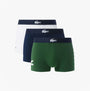 Lacoste 3 Pack Trunks Mens Trunks Thyme/Navy Blue/White front view of three pairs in thyme green, navy blue, and white.
