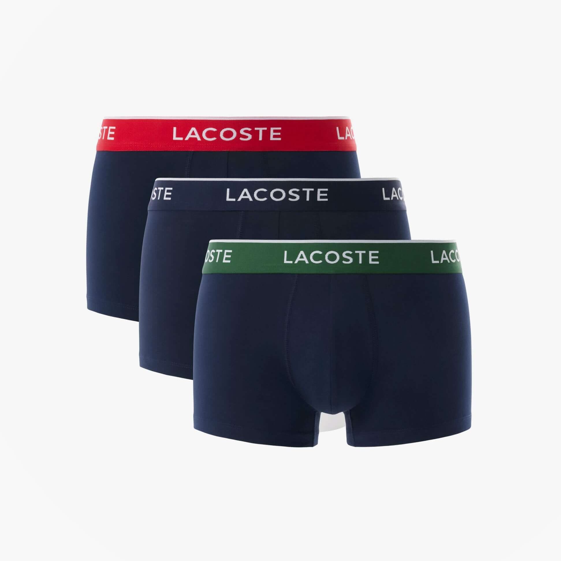 Lacoste 3 Pack Trunks Mens Trunks Navy Blue/Green/Red/Navy Blue front view showing three trunks with Lacoste branding.