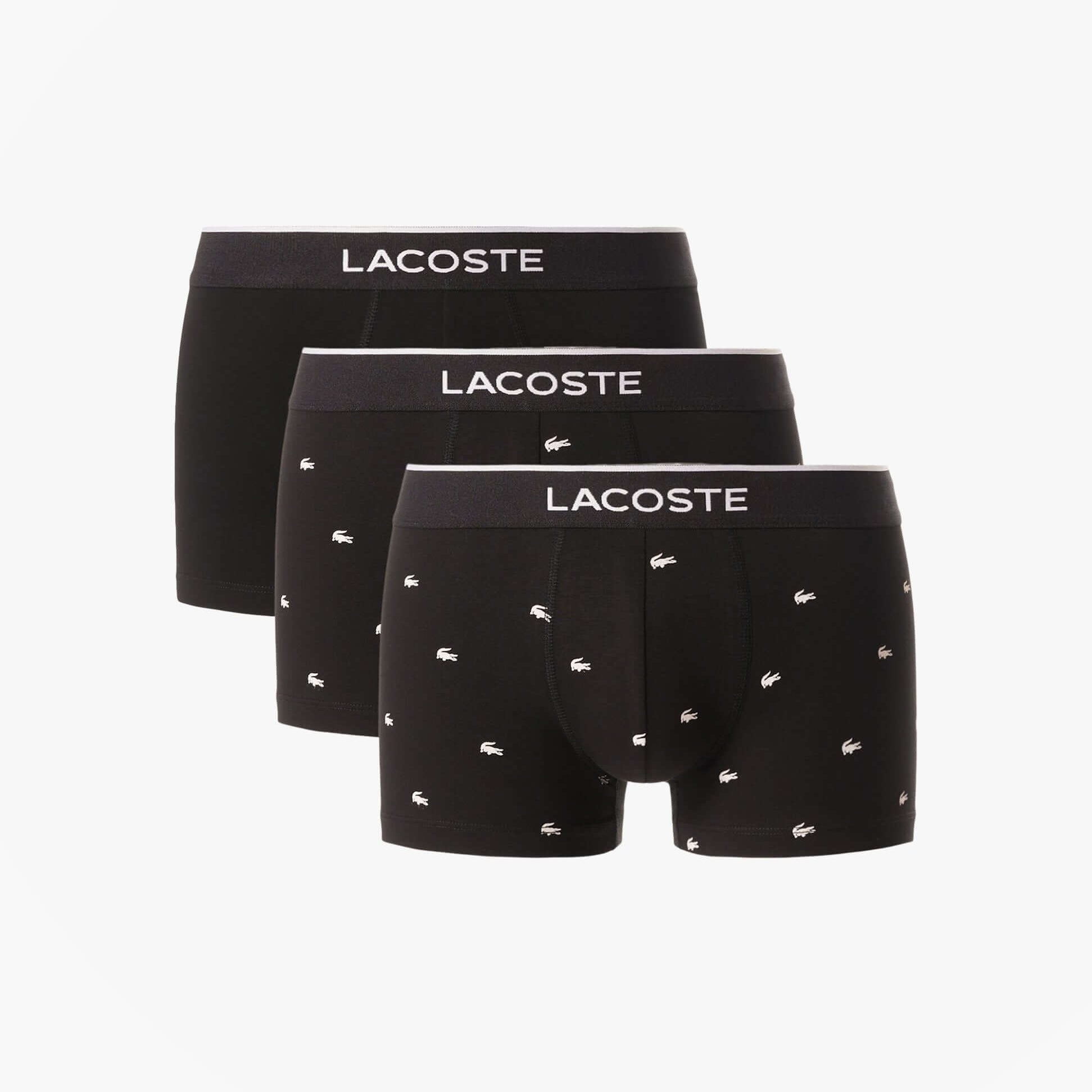 Lacoste 3 Pack Trunks Mens Trunks Black front view featuring solid and printed designs.