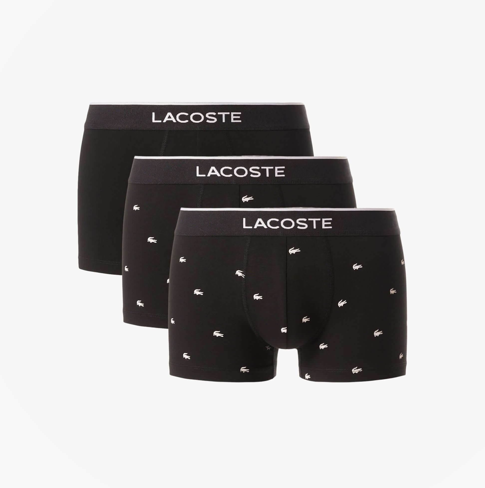 Lacoste 3 Pack Trunks Mens Trunks Black front view featuring solid and printed designs.