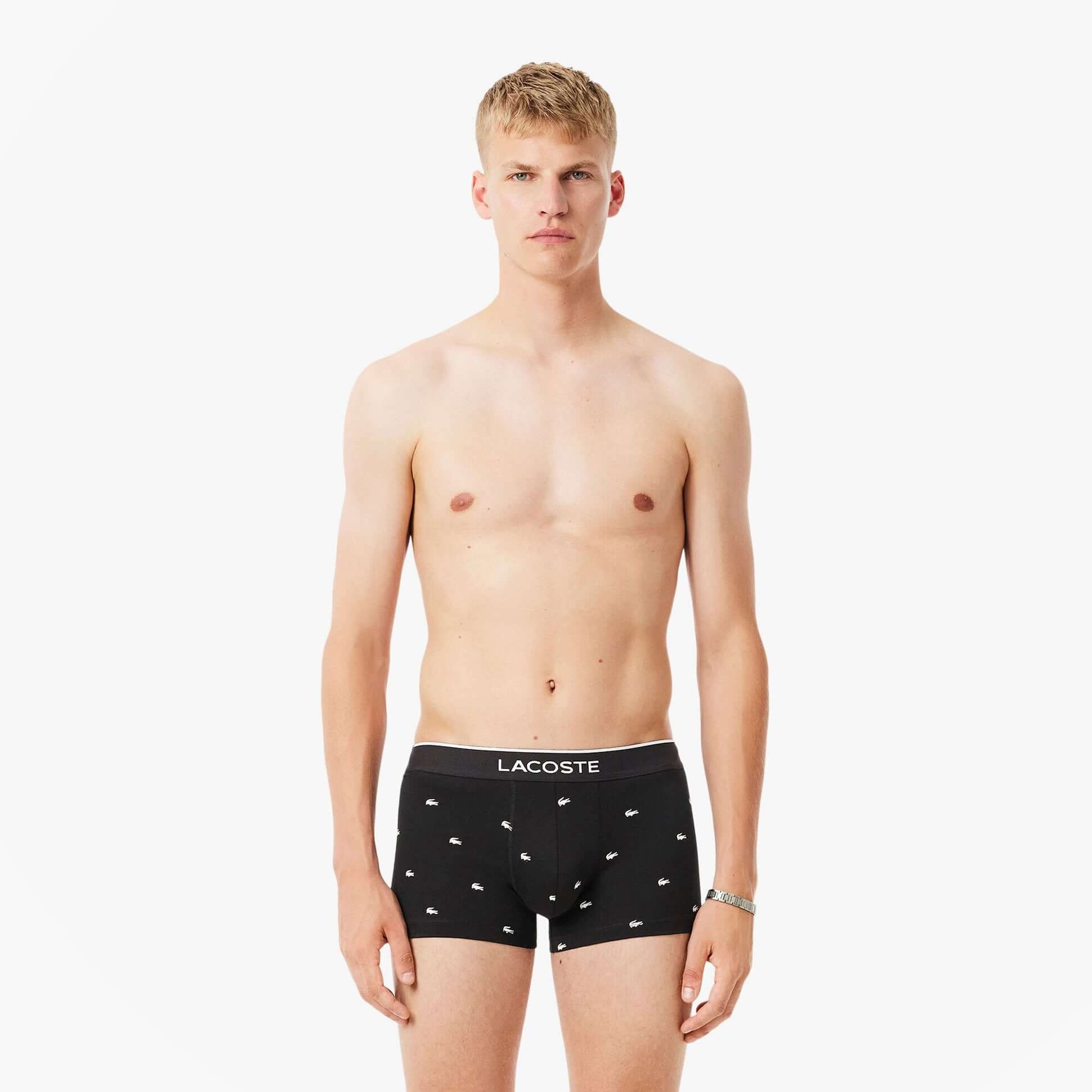 Lacoste 3 Pack Trunks Mens Trunks Black front view on model showcasing the black trunk design.