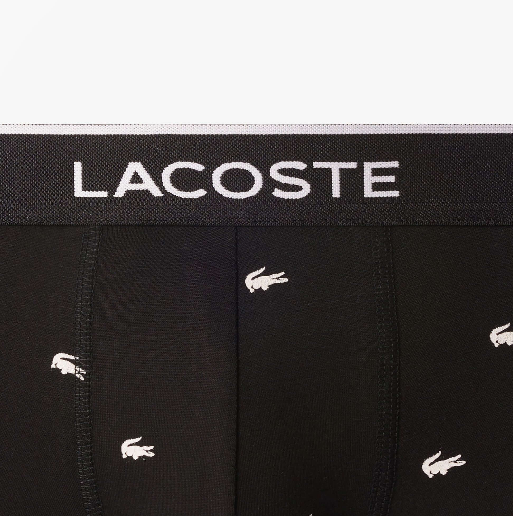 Lacoste 3 Pack Trunks Mens Trunks Black detail view of waistband with logo and print pattern