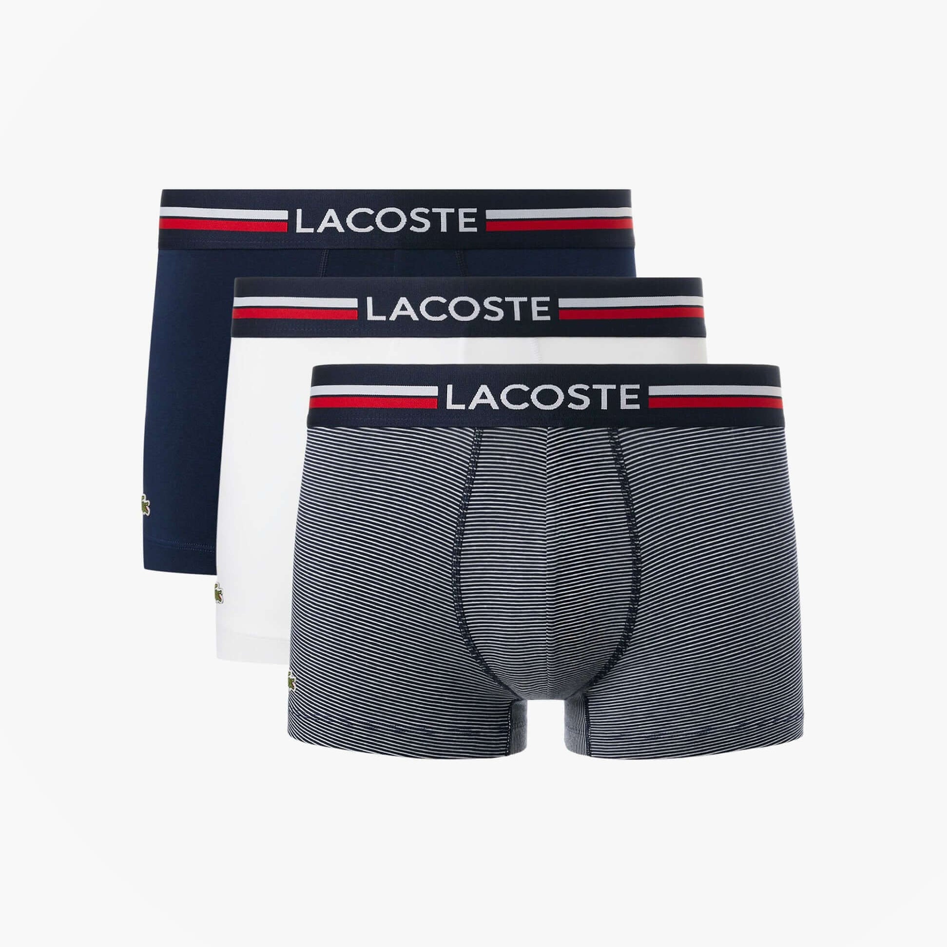 Lacoste 3 Pack Trunks Mens Trunks Navy Blue/White side view of three stylish trunks with logo waistband.