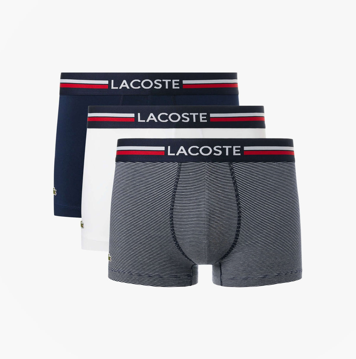 Lacoste 3 Pack Trunks Mens Trunks Navy Blue/White side view of three stylish trunks with logo waistband.