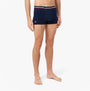 Lacoste 3 Pack Trunks Mens Trunks Navy Blue/White front view on model showing the waistband and fit.