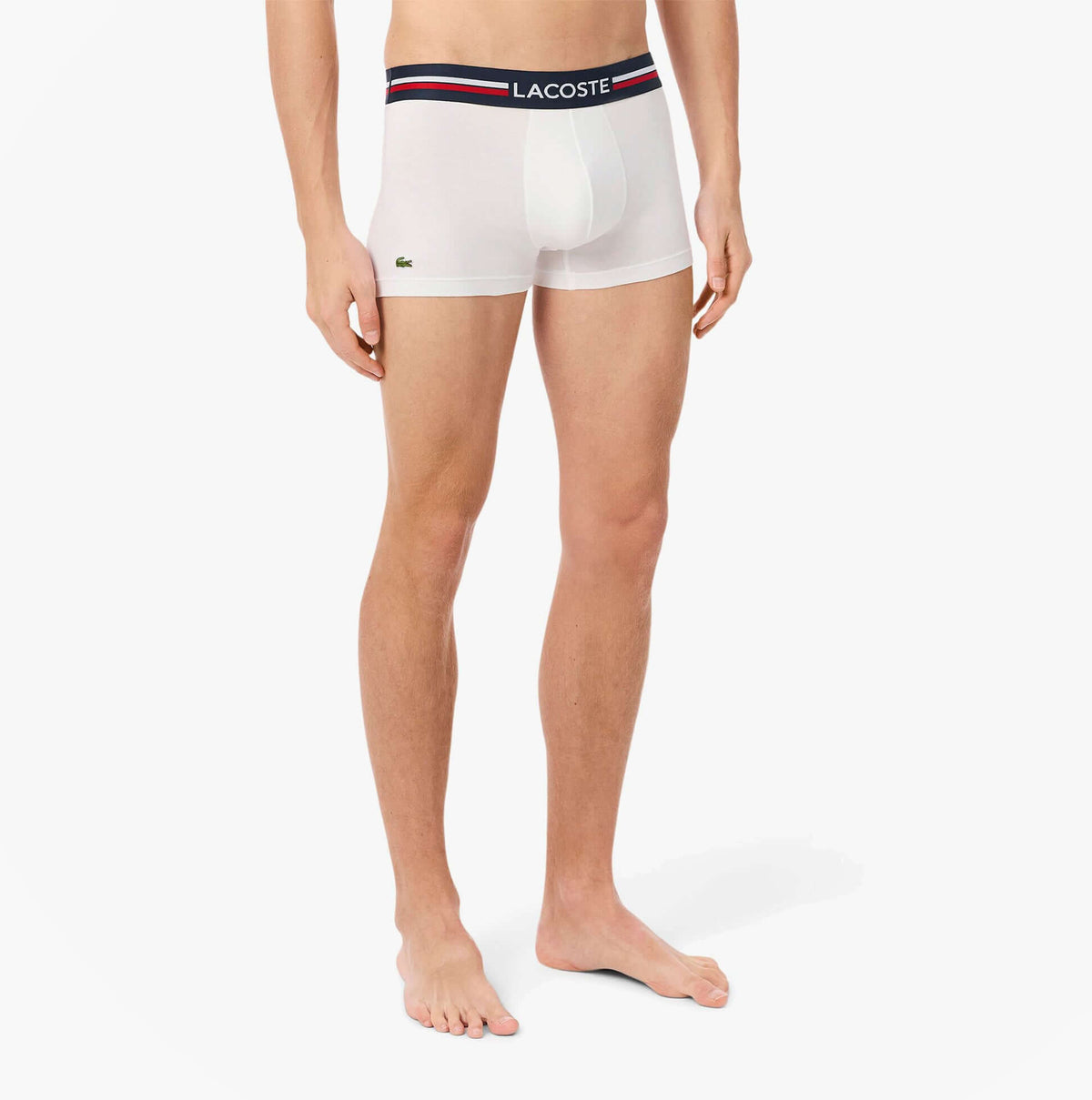 Lacoste 3 Pack Trunks Mens Trunks Navy Blue/White front view, showing boxer shorts with logo and waistband detail.