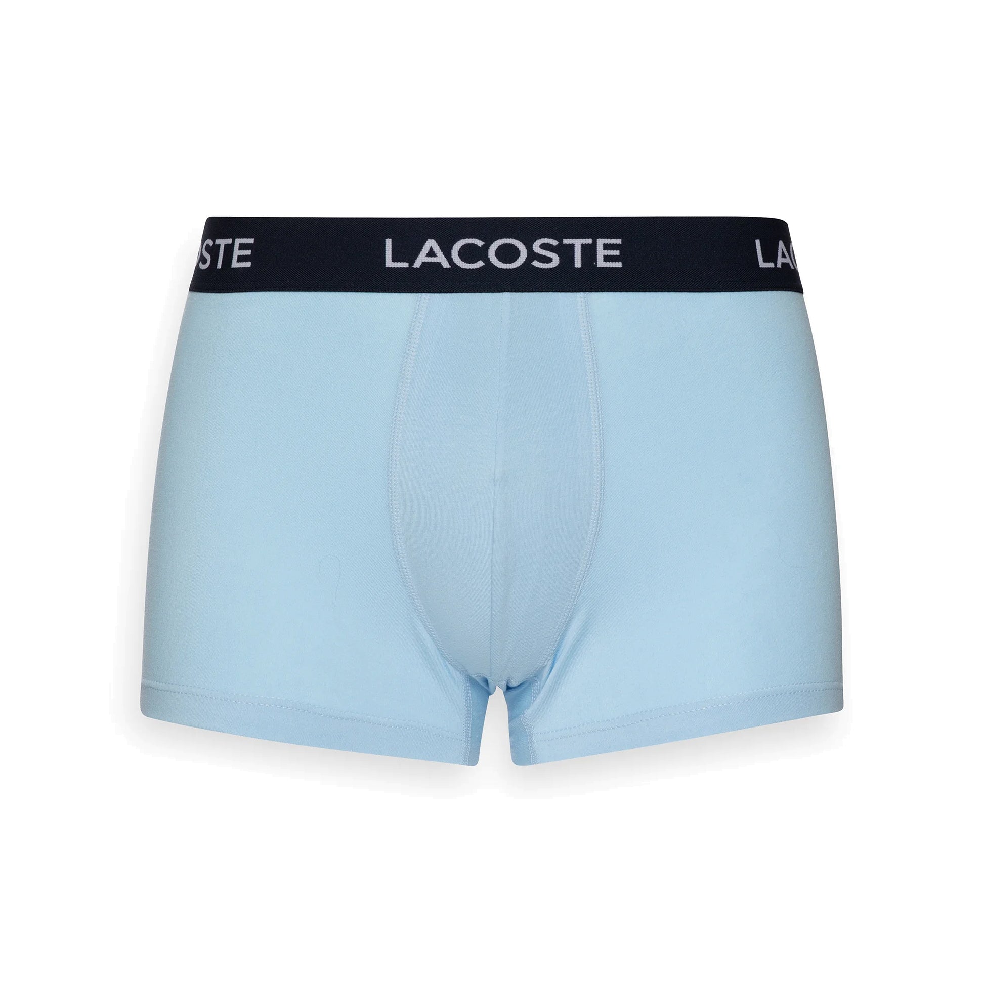 Lacoste 3 Pack Trunks Mens Trunks Navy Blue/Methylene/Creek front view of light blue trunk with black waistband.