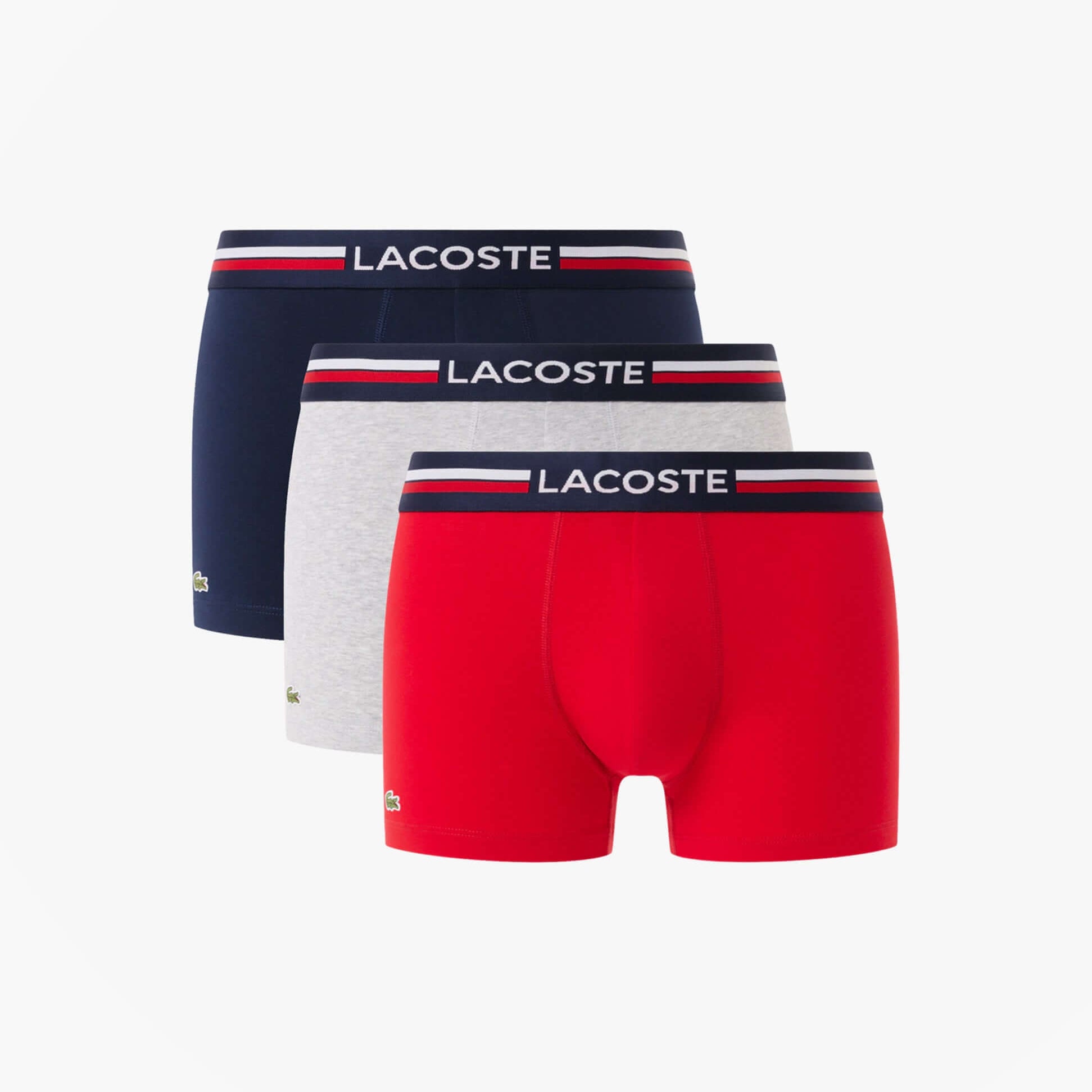 Lacoste 3 Pack Trunks Mens Trunks Navy Blue/Silver Chine/Red featuring side view of three colors: navy blue, grey, and red.