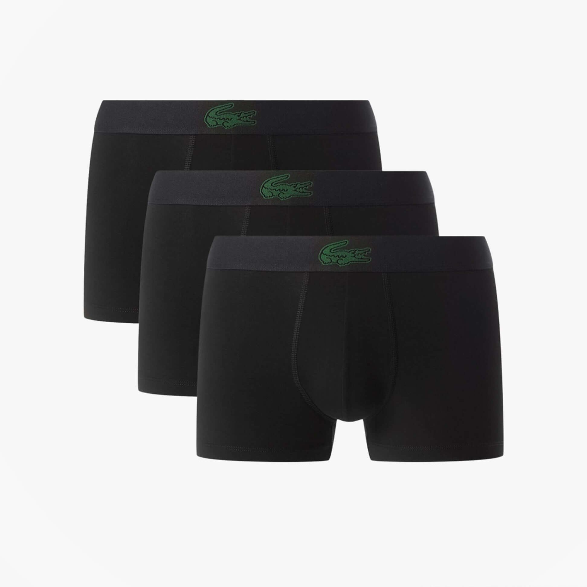Lacoste 3 Pack Trunks Mens Trunks Black, front view featuring three black trunks with green logo.