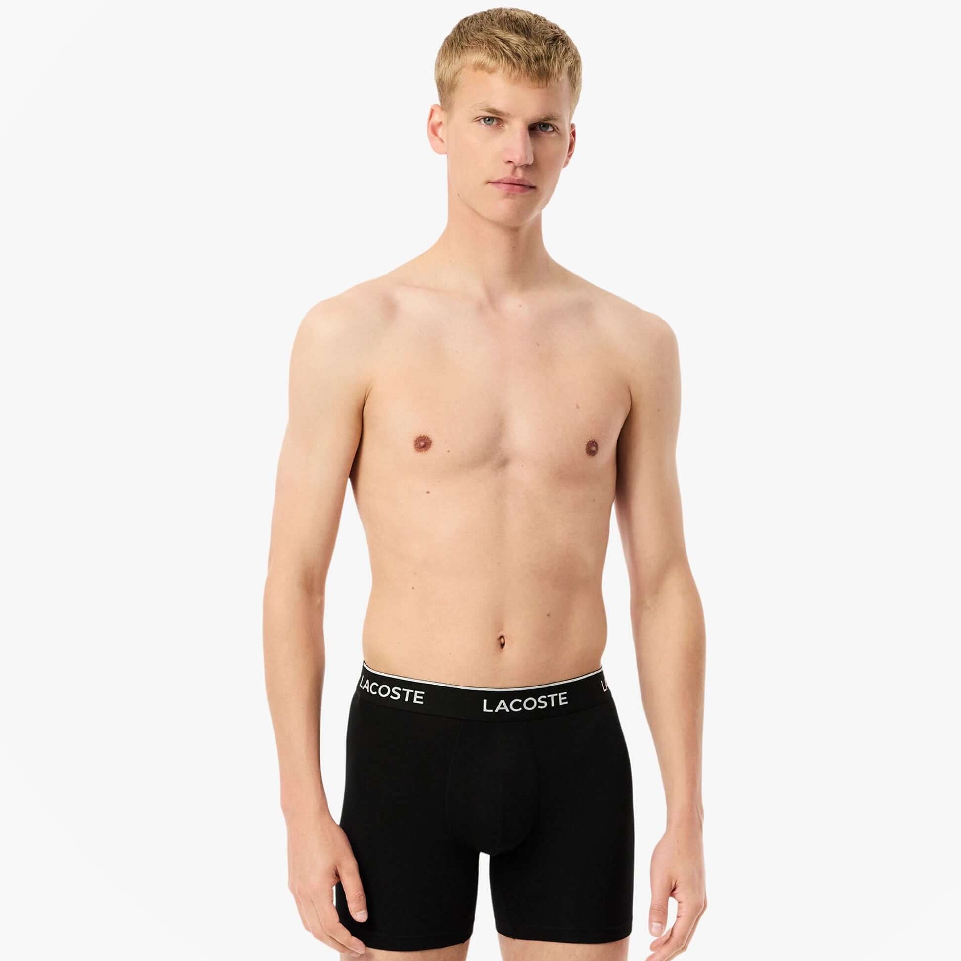 Lacoste 3 Pack Boxer Briefs Mens Boxer Briefs Black front view on model showcasing comfort and style.