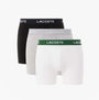 Lacoste 3 Pack Boxer Briefs Mens Boxer Briefs Black/White/Silver Chine in side view, showcasing three colors with logo.