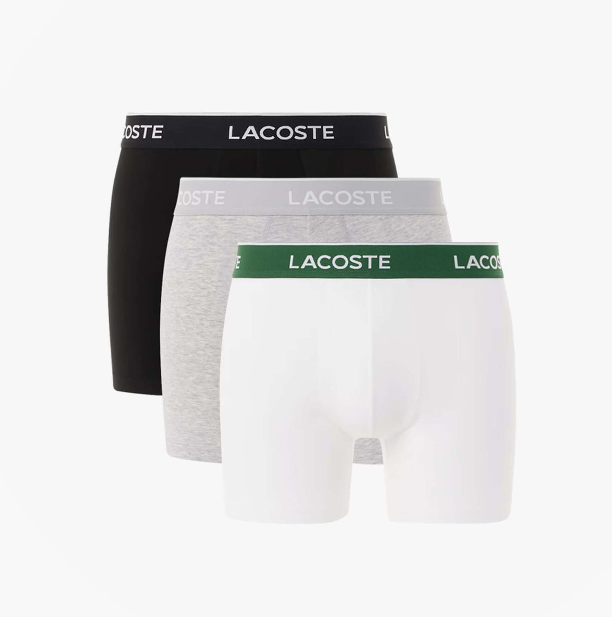 Lacoste 3 Pack Boxer Briefs Mens Boxer Briefs Black/White/Silver Chine in side view, showcasing three colors with logo.