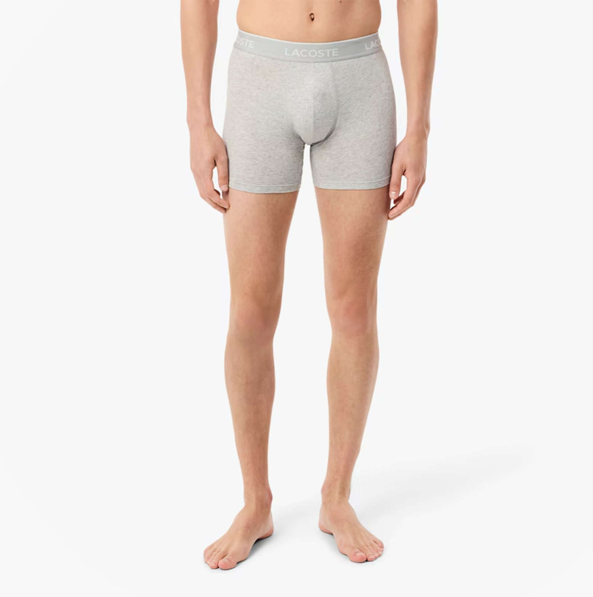 Lacoste 3 Pack Boxer Briefs Mens Boxer Briefs Black/White/Silver Chine front view of grey boxer brief on male model
