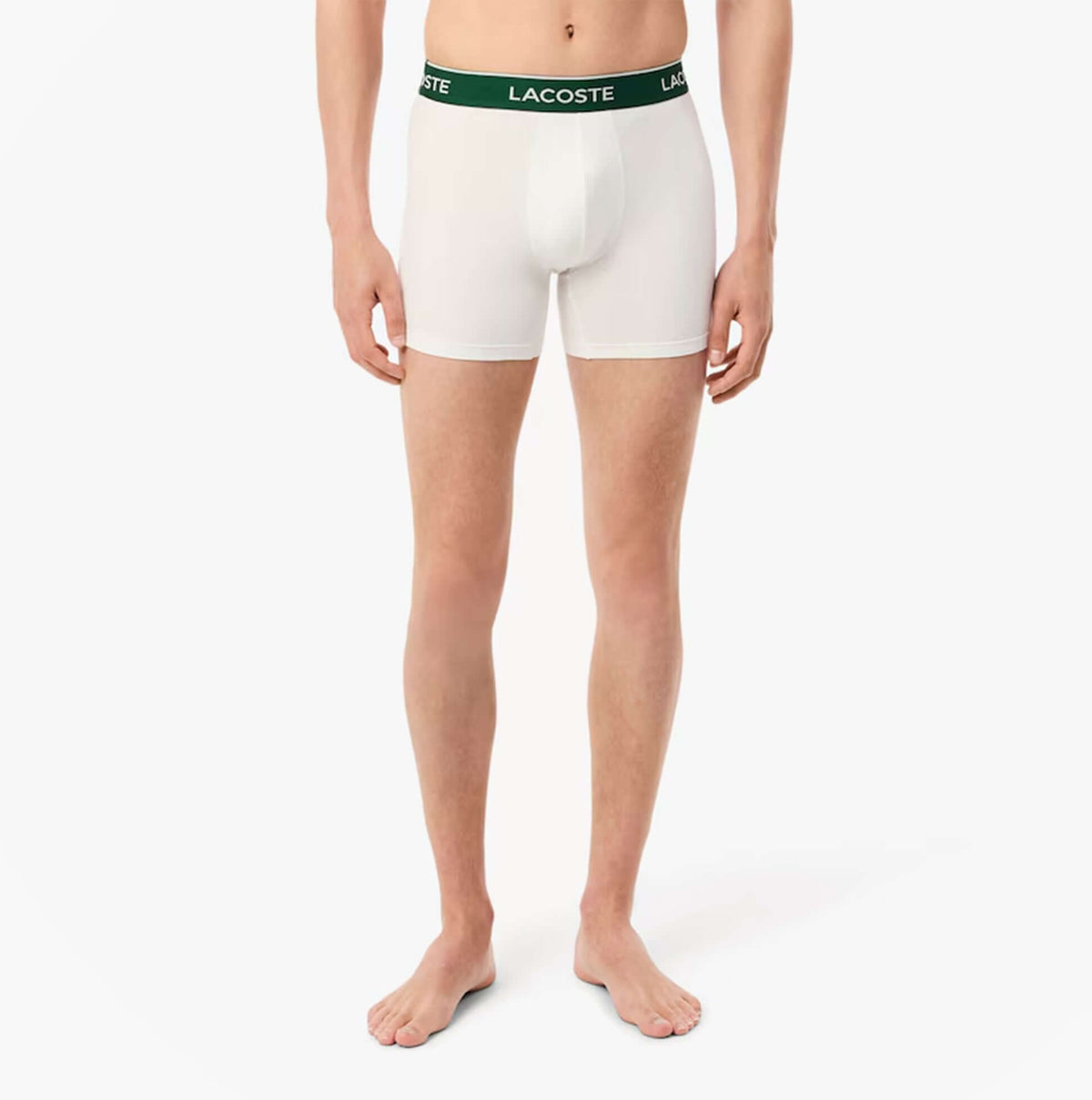 Lacoste 3 Pack Boxer Briefs Mens Boxer Briefs Black/White/Silver Chine front view of white boxer briefs with green waistband.
