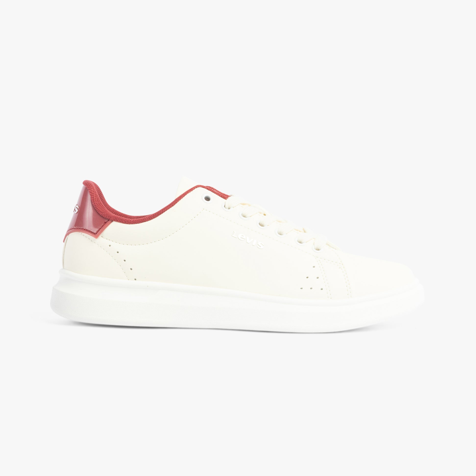 Levi's ELLIS 2.0 Womens Trainers Off White side view with red accents and white rubber sole.