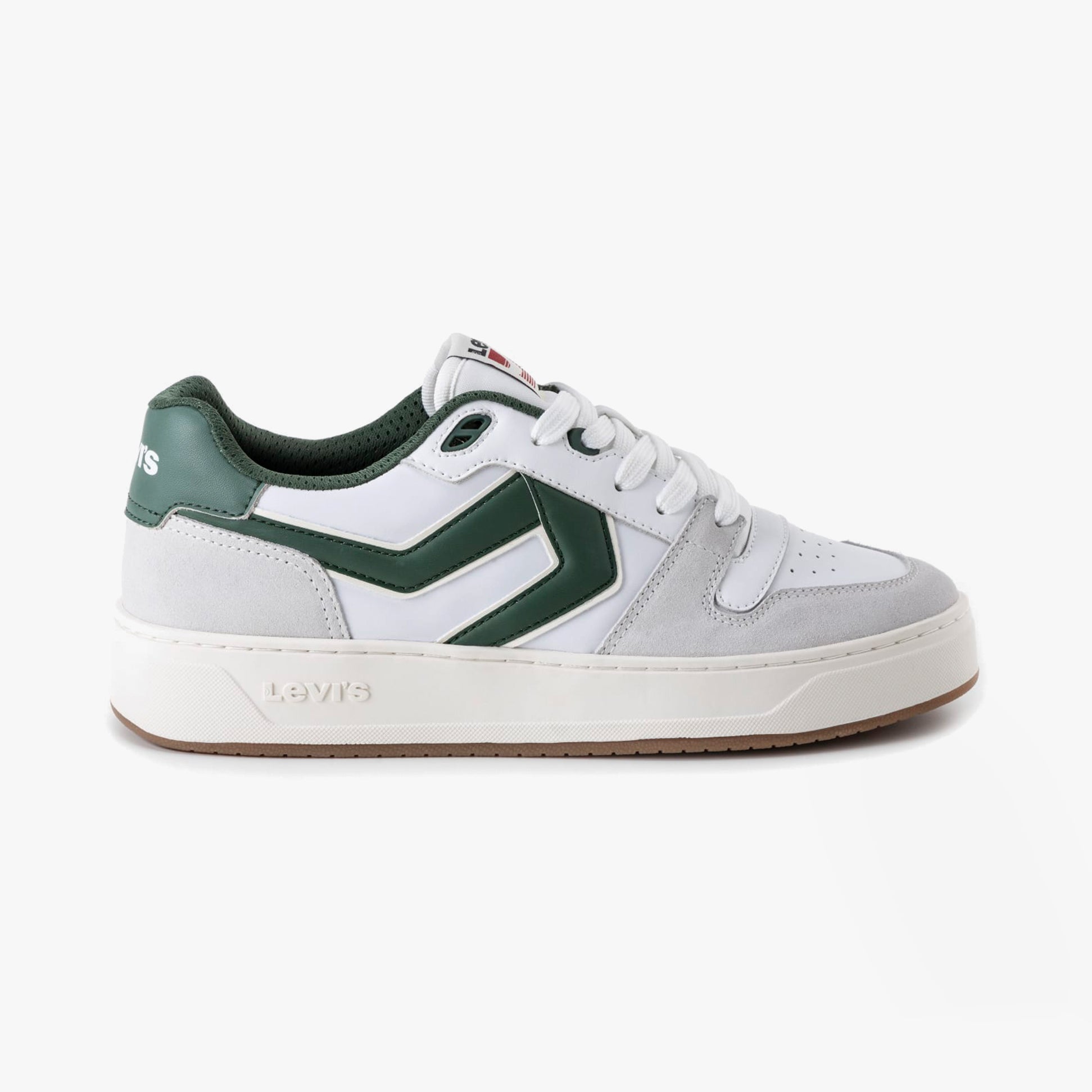 Levi's GLIDE L Mens Trainers White/Green side view showcasing casual leather and textile design with lace-up closure.