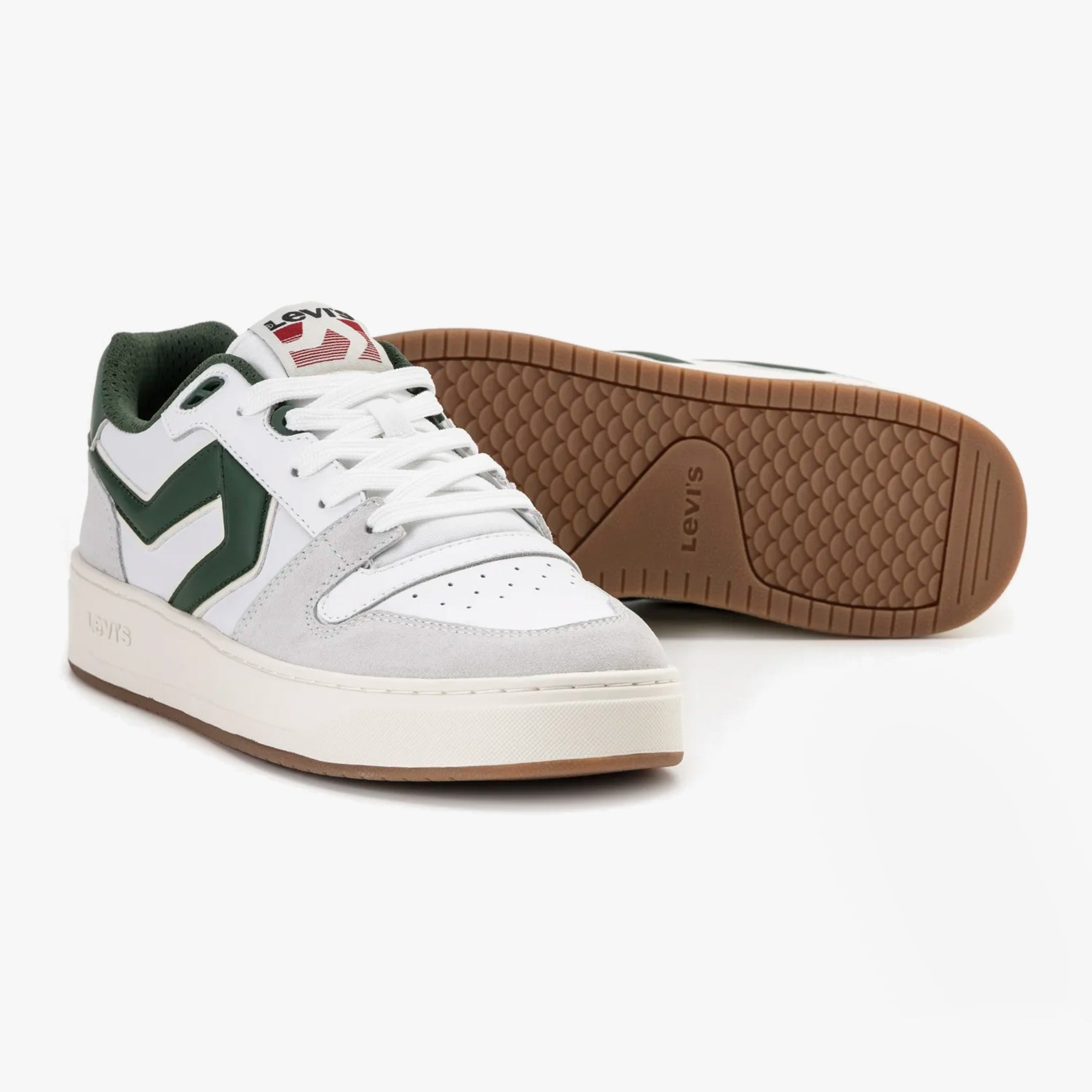 Levi's GLIDE L Mens Trainers White/Green side view showing lace-up design and rubber sole