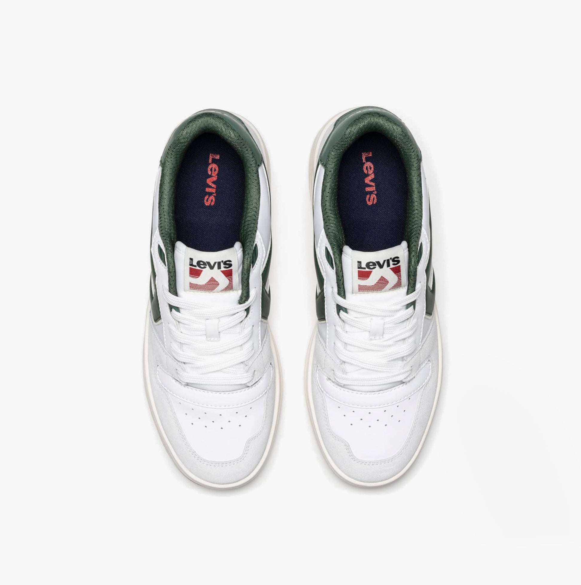 Top view of Levi's GLIDE L Mens Trainers White/Green, featuring a white leather upper with green accents and lace-up closure.