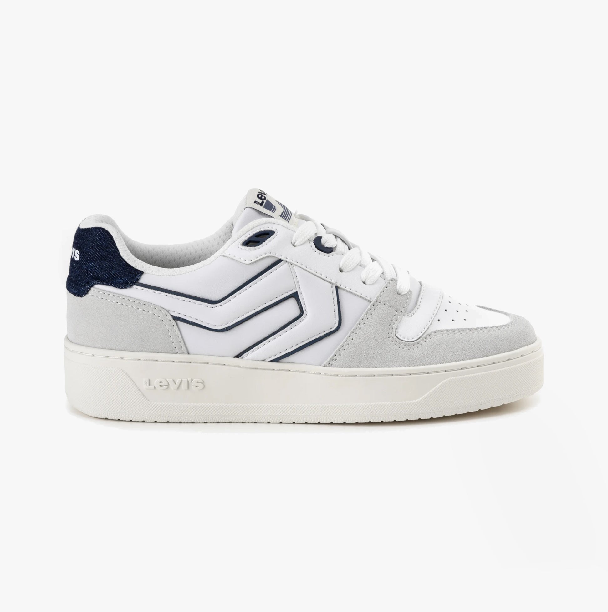 Levi's GLIDE L Mens Trainers White/Navy side view showing casual leather design and round toe construction.