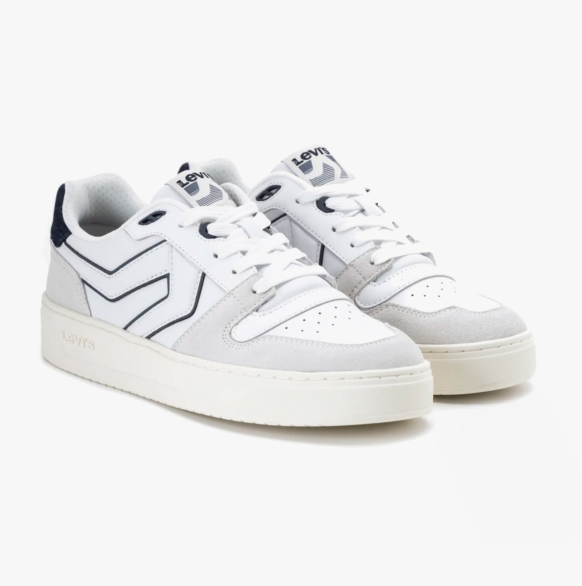 Levi's GLIDE L Mens Trainers White/Navy side view showcasing lace-up design and comfort features.