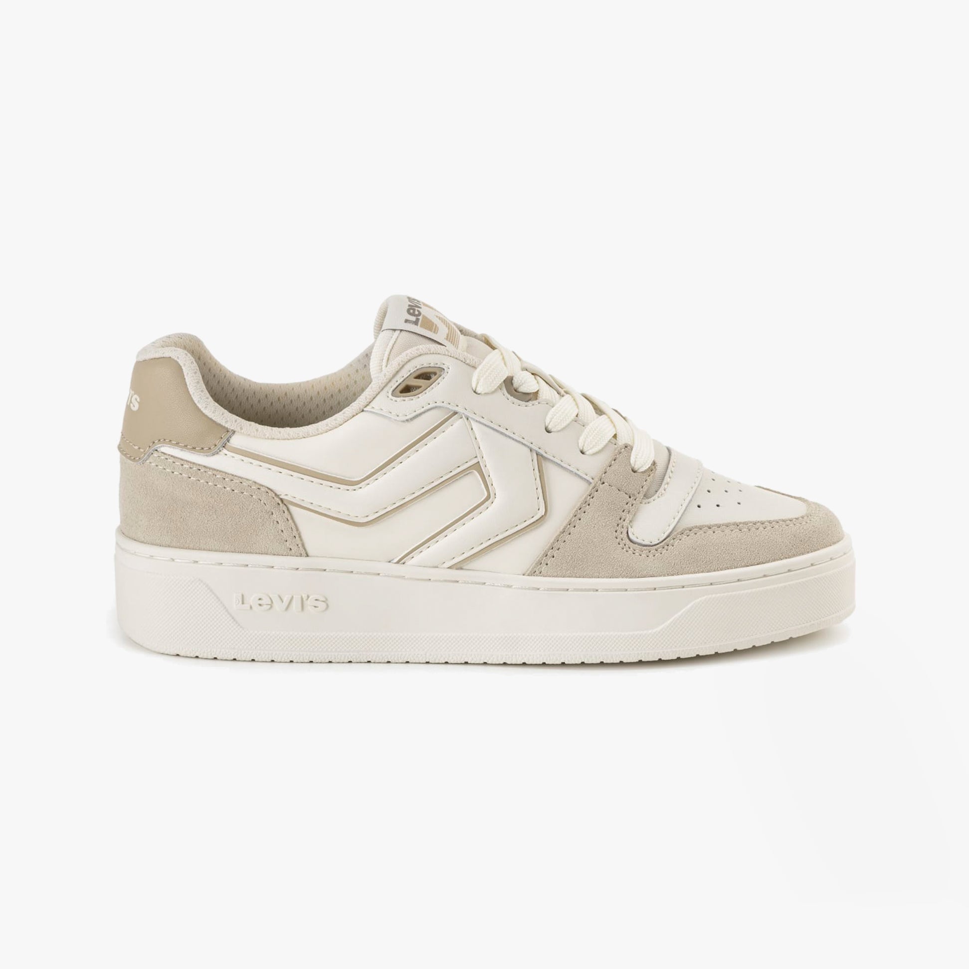 Levi's GLIDE L Womens Trainers Ecru side view of casual leather and suede trainers with round toe and lace-up closure.