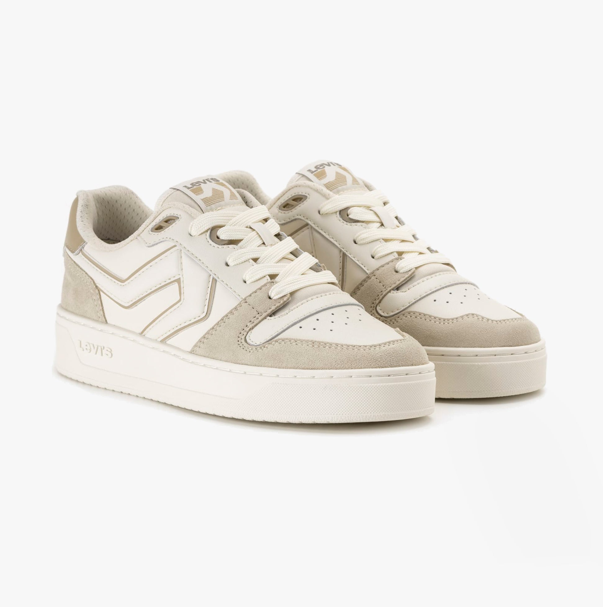 Levi's GLIDE L Womens Trainers Ecru side view showing casual lace-up design, leather and suede upper, low-top construction.