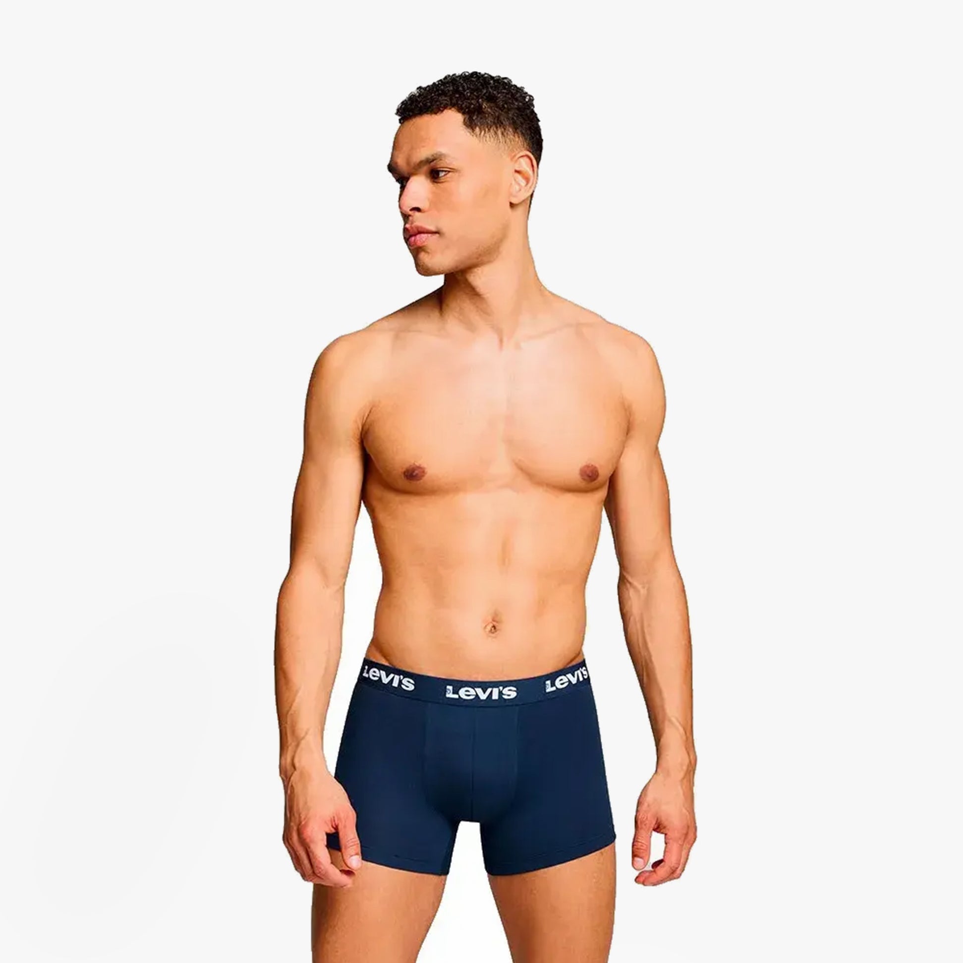 Levi's REPEAT LOGO Mens 2 Pack Trunks Navy front view on model, showcasing elastic waistband and fitted design.