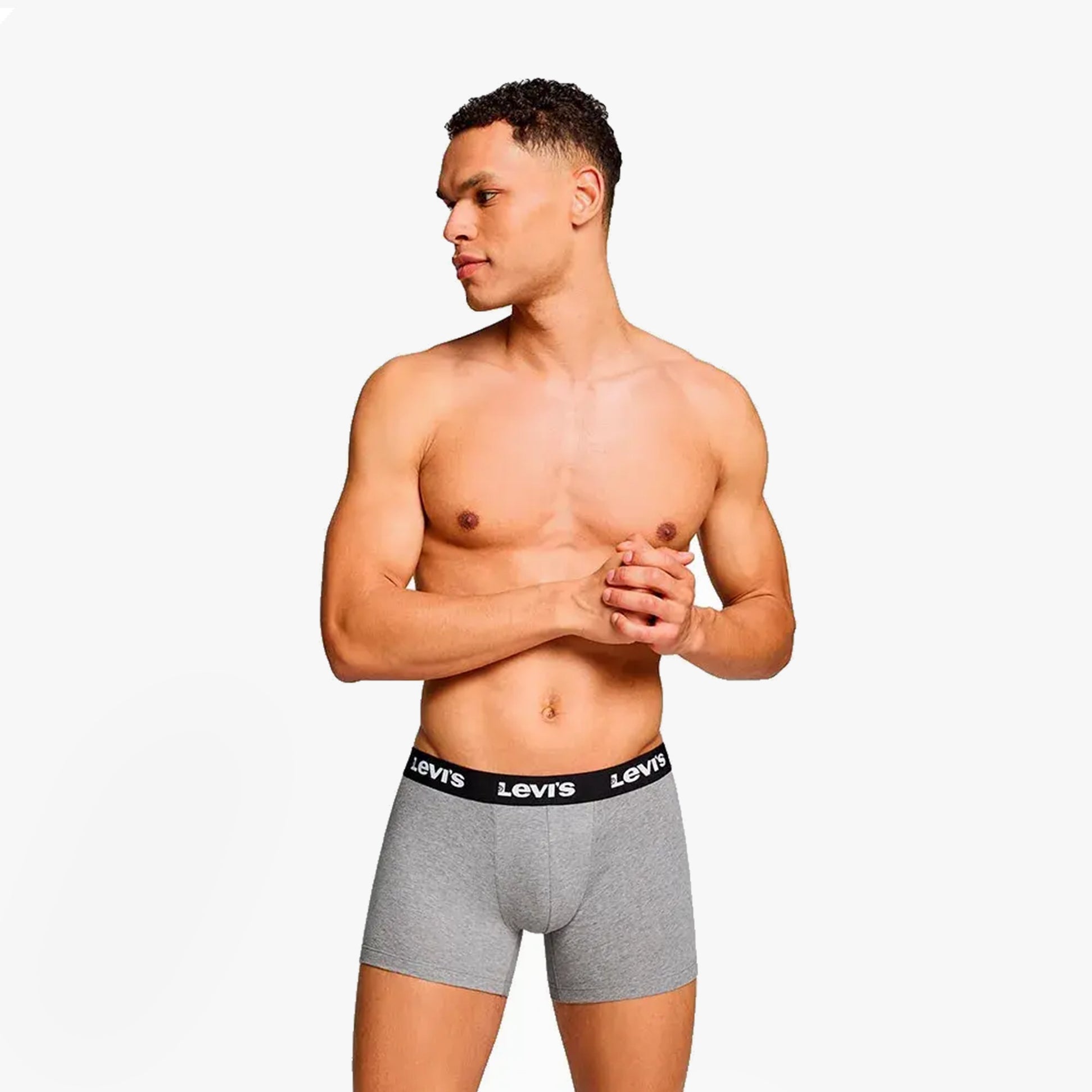 Levi's REPEAT LOGO Mens 2 Pack Trunks Middle Grey Melange side view on model showcasing elastic waistband and comfy fit.