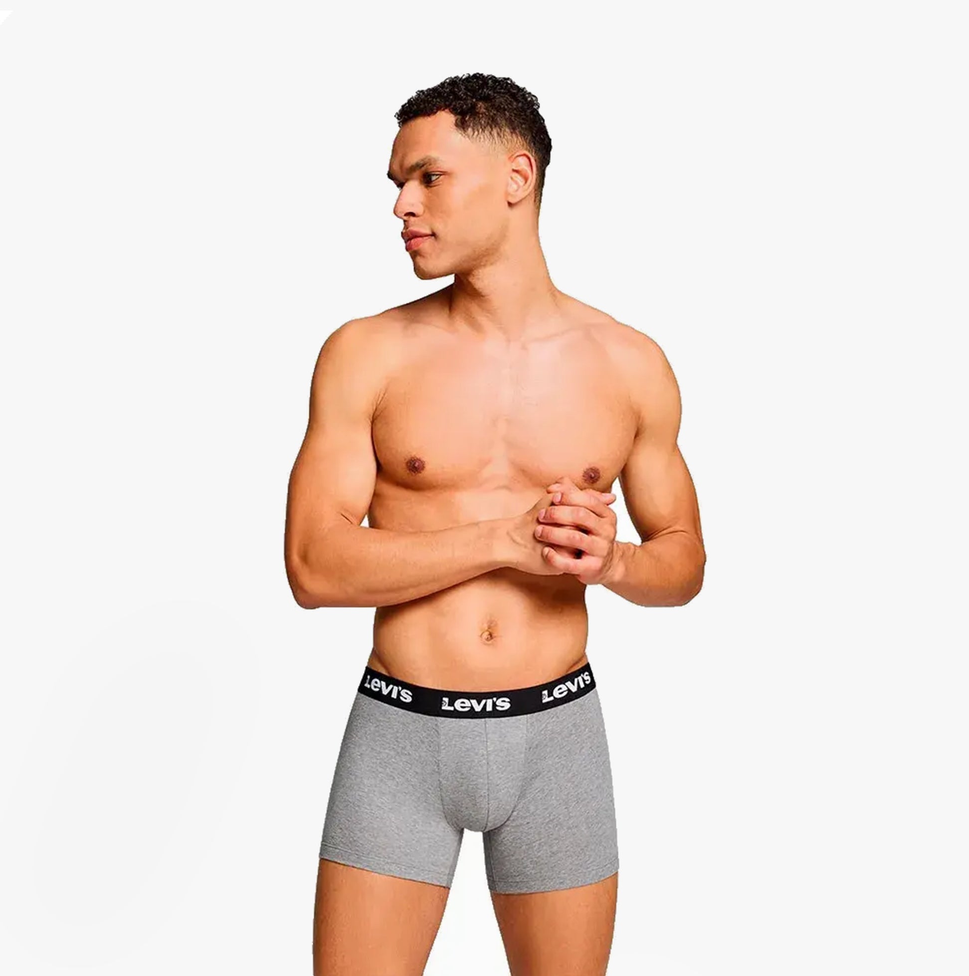 Levi's REPEAT LOGO Mens 2 Pack Trunks Middle Grey Melange side view on model showcasing elastic waistband and comfy fit.