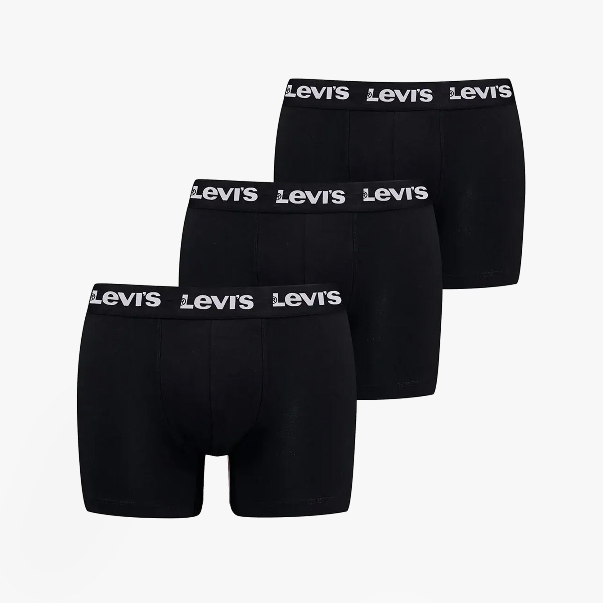 Levi's REPEAT LOGO Mens 3 Pack Trunks Black side view showcasing three black trunks with elastic waistband.