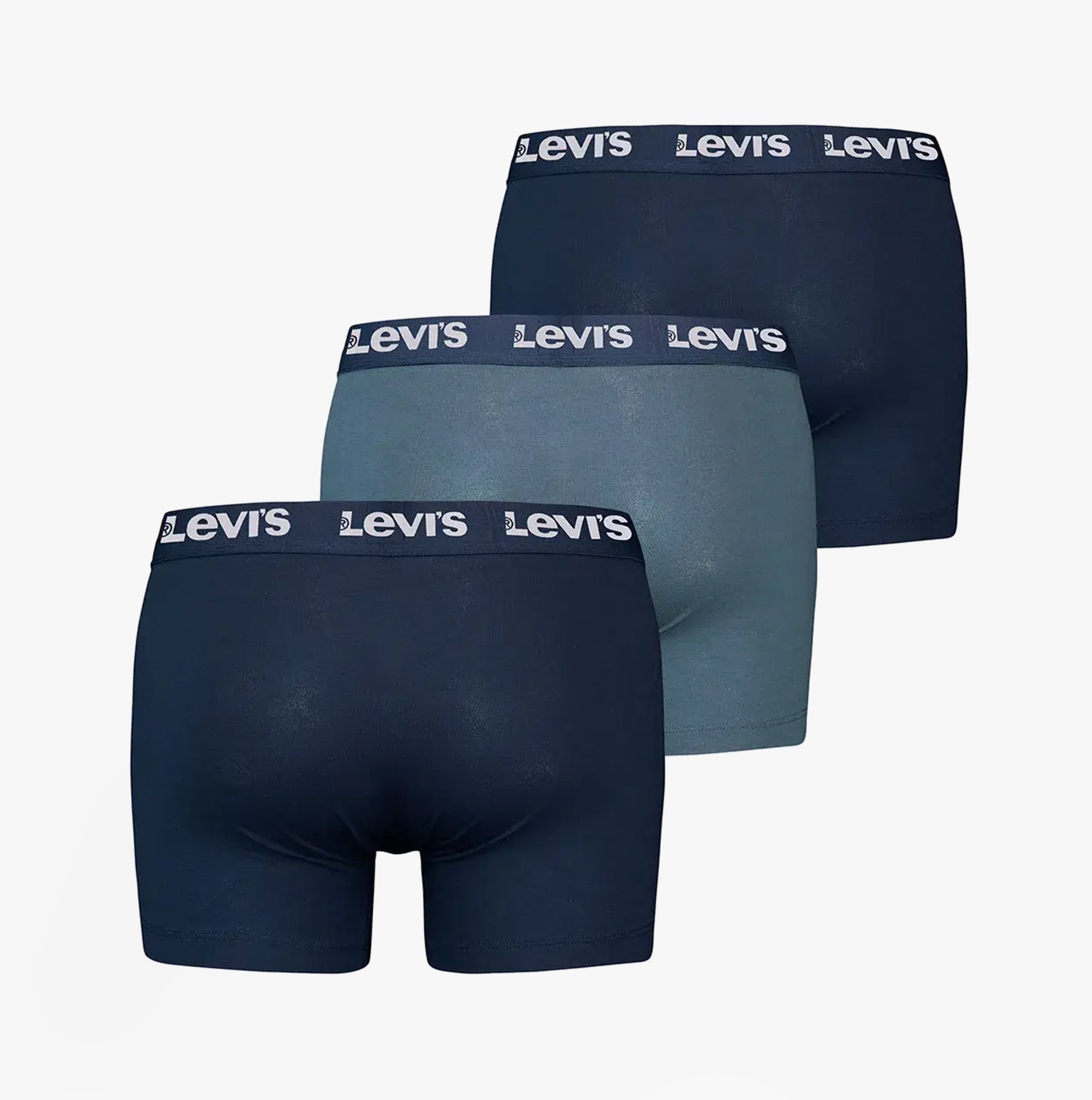 Levi's REPEAT LOGO Mens 3 Pack Trunks Navy Combo back view showcasing three pairs of trunks with elastic waistbands.
