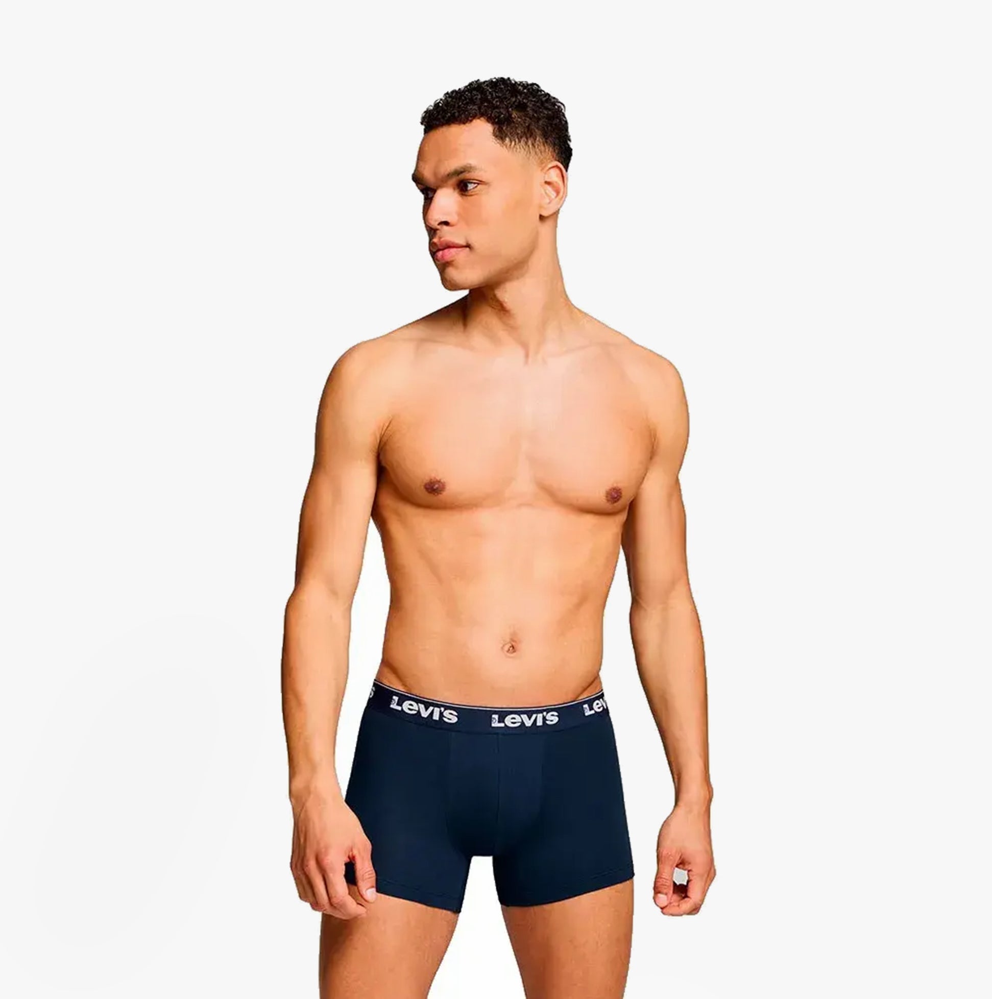 Levi's REPEAT LOGO Mens 3 Pack Trunks Navy Combo front view worn by model showcasing comfort and style.