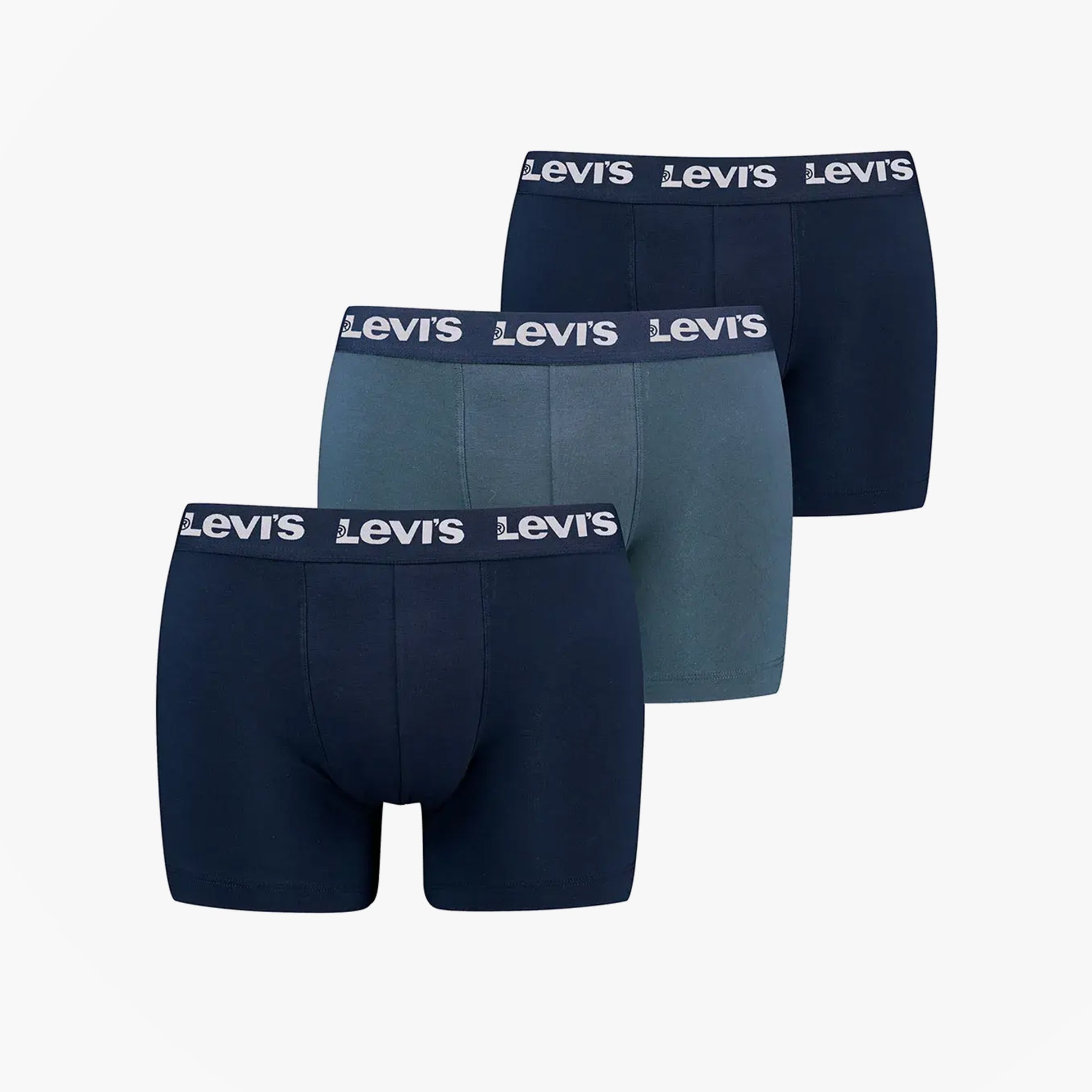 Levi's REPEAT LOGO Mens 3 Pack Trunks Navy Combo side view showing navy and grey colors with elastic waistband and logo.