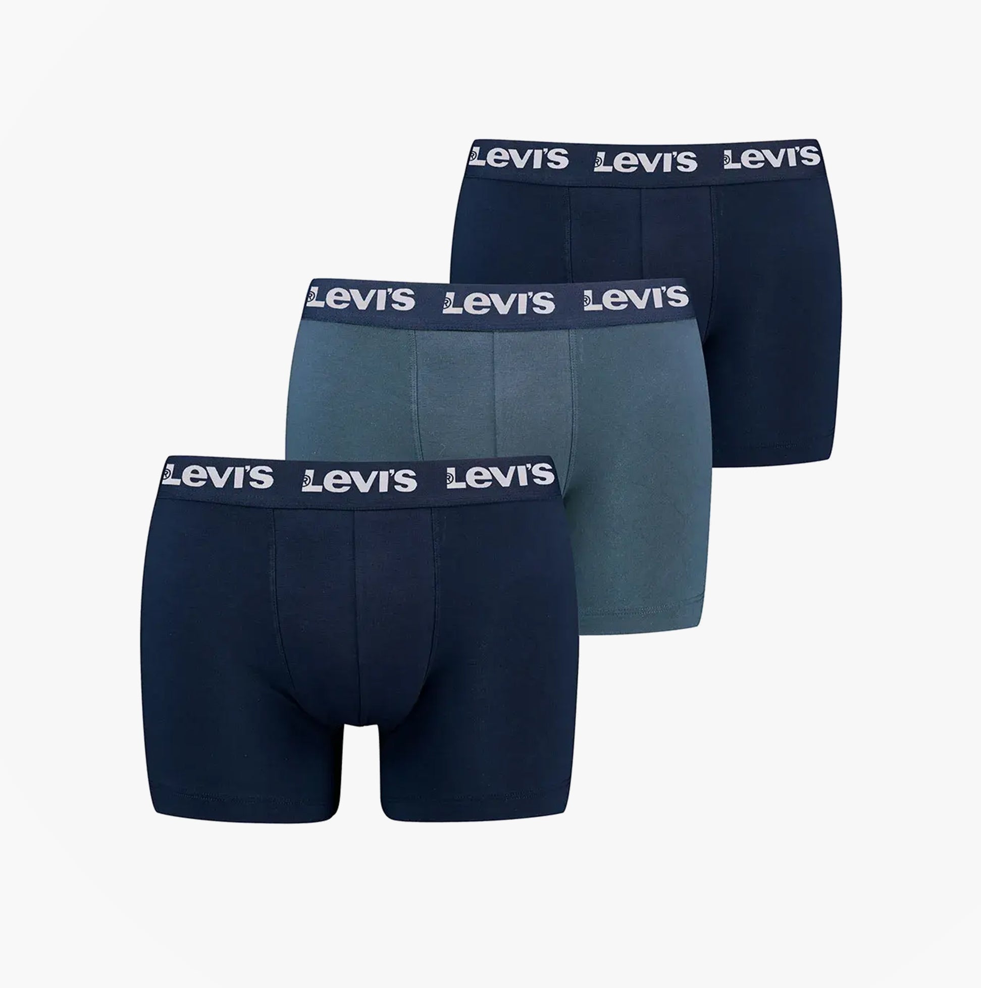 Levi's REPEAT LOGO Mens 3 Pack Trunks Navy Combo side view showing navy and grey colors with elastic waistband and logo.