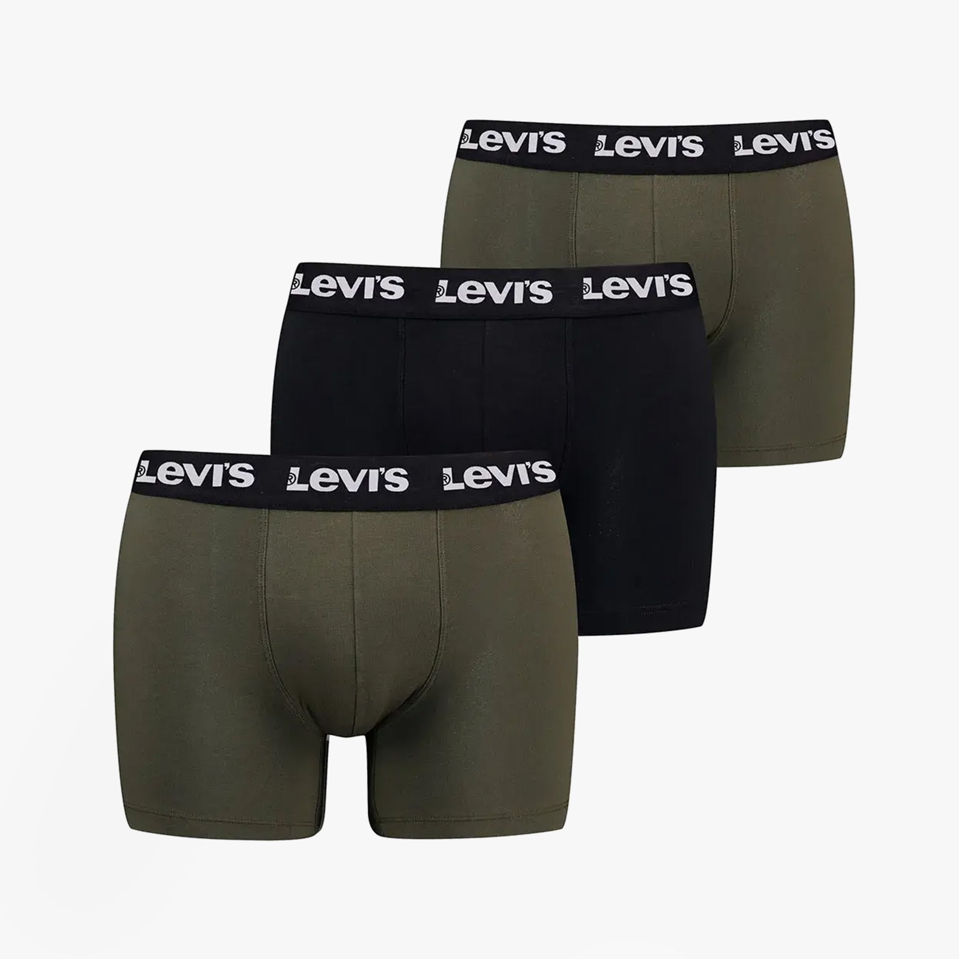 Levi's REPEAT LOGO Mens 3 Pack Trunks Khaki Combo, side view displaying three trunks in khaki and black.