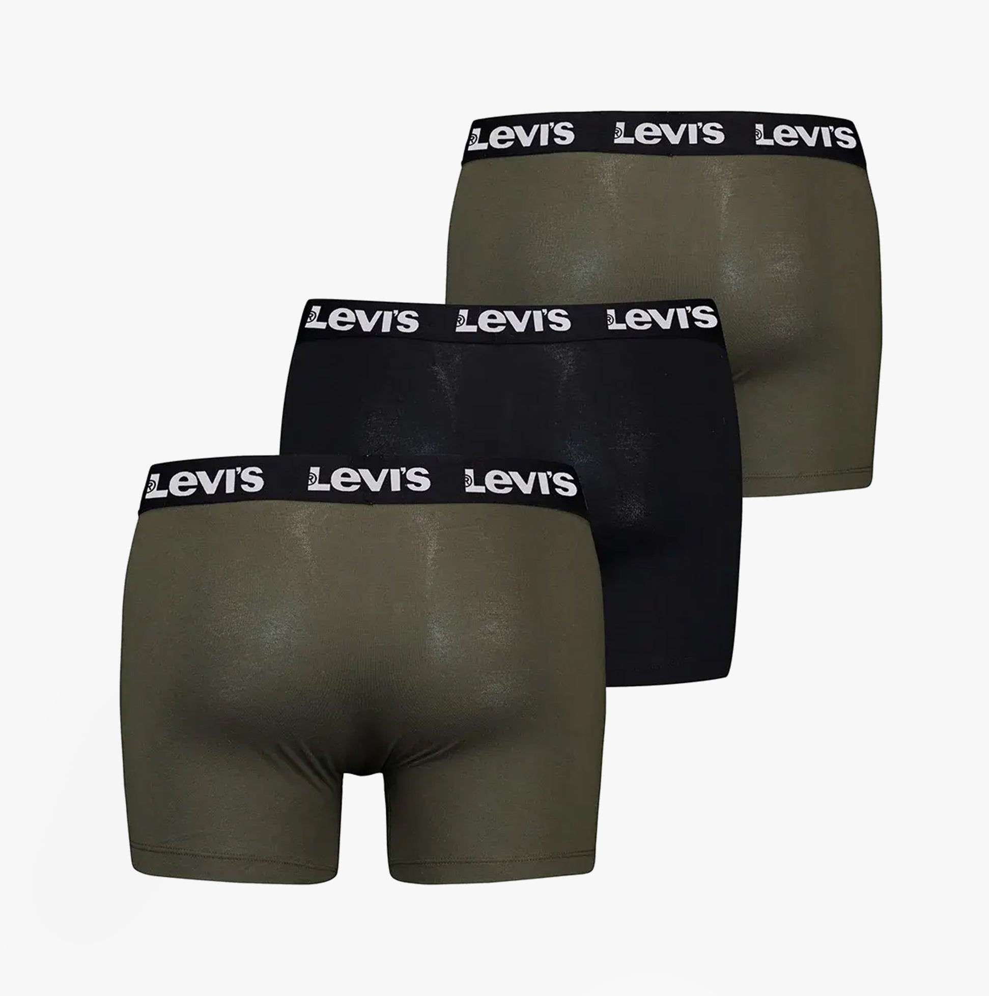 Levi's REPEAT LOGO Mens 3 Pack Trunks Khaki Combo, rear view showing three trunks in khaki and black with logo waistbands.