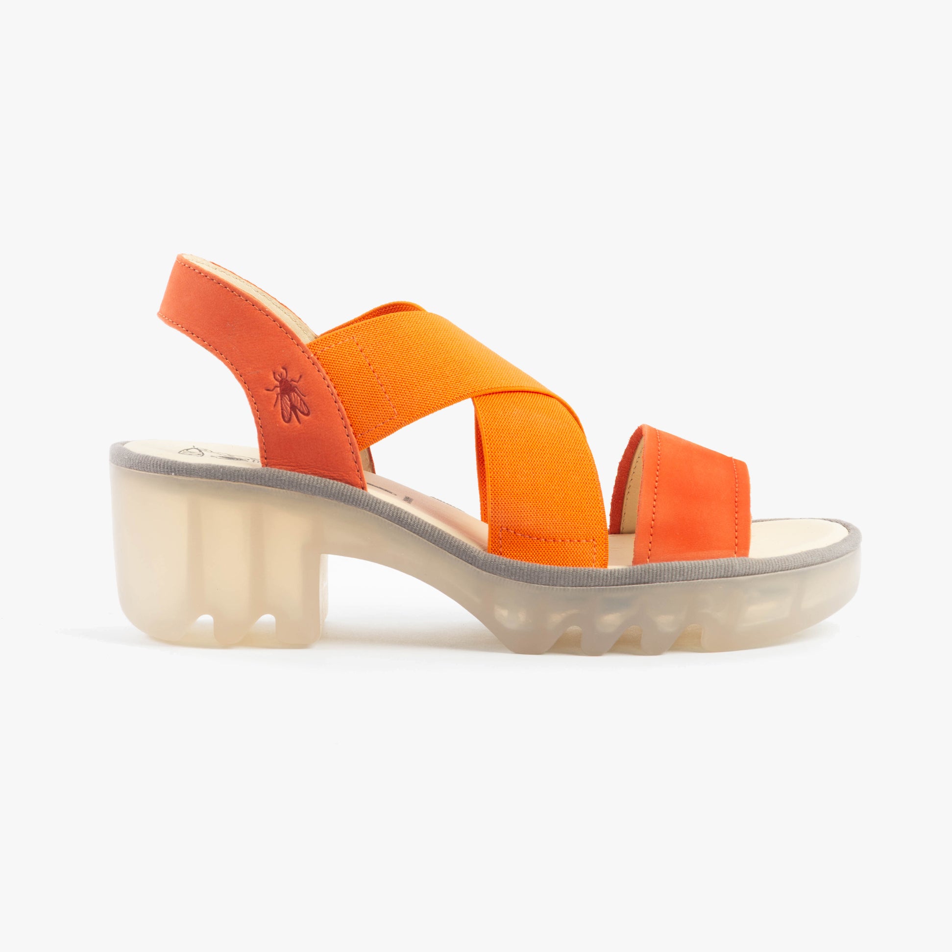 Fly London TAJI502FLY Womens Sandals Poppy Orange side view featuring leather/textile upper and block heel.