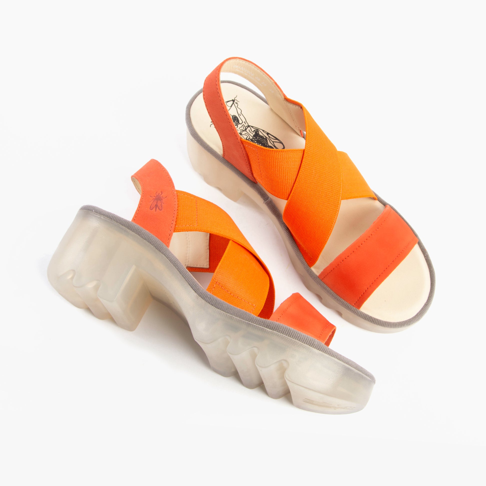 Fly London TAJI502FLY Womens Sandals Poppy Orange top view showing leather and textile upper, block heel design.