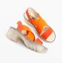 Fly London TAJI502FLY Womens Sandals Poppy Orange top view showing leather and textile upper, block heel design.