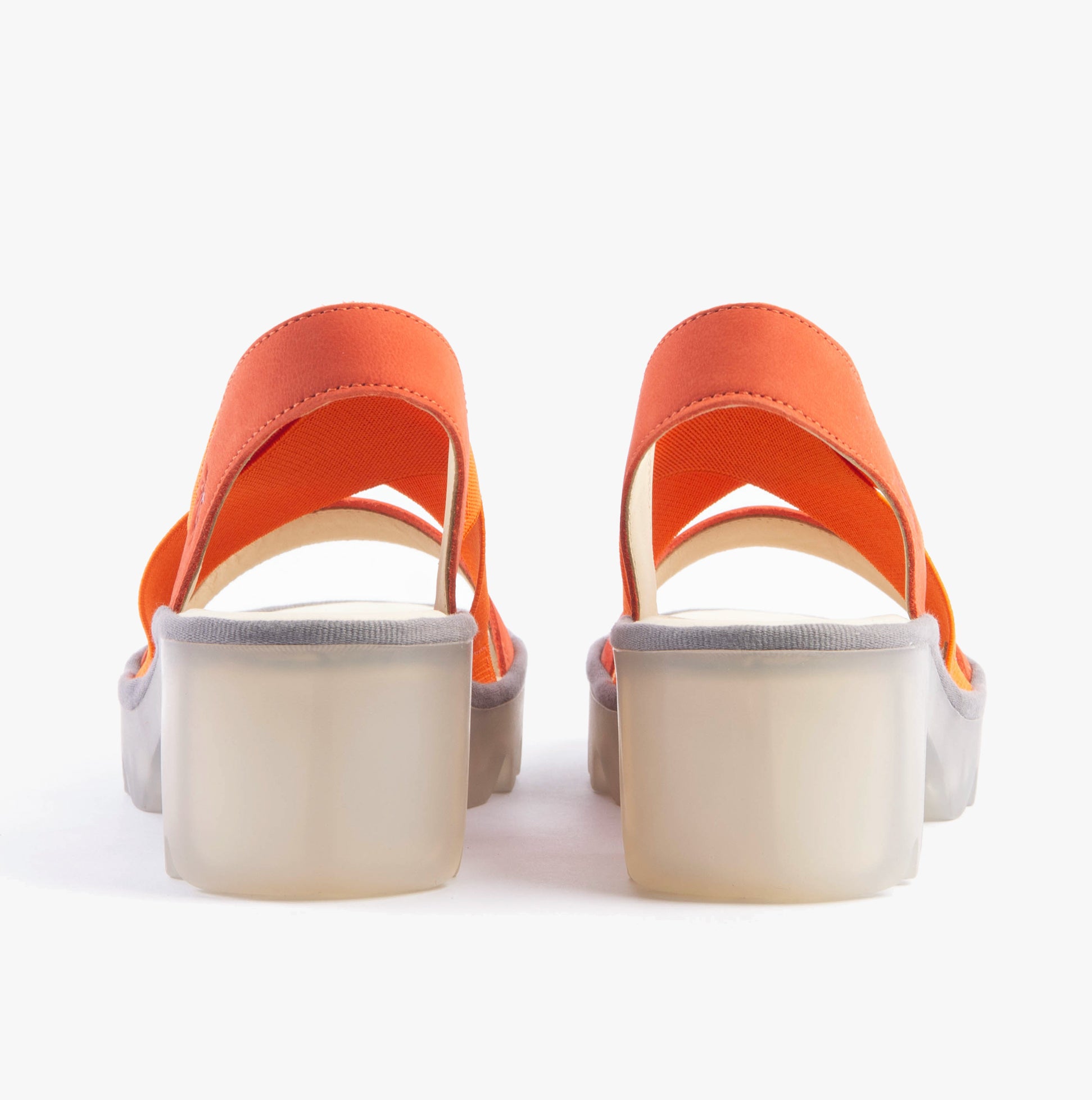 Fly London TAJI502FLY Womens Sandals Poppy Orange rear view showing block heels and slip-on design.