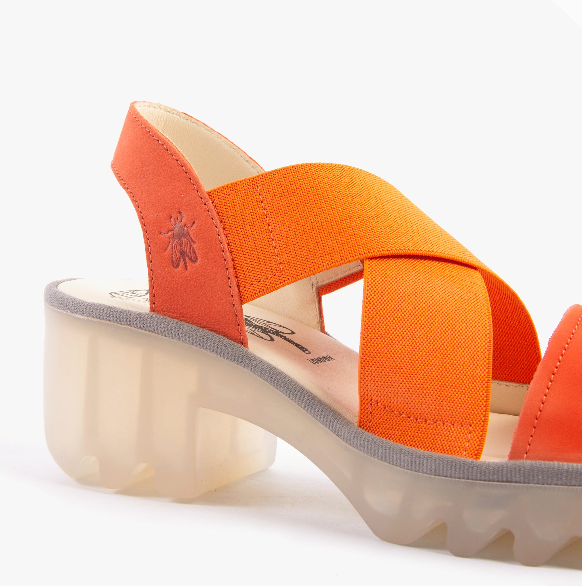 Fly London TAJI502FLY Womens Sandals Poppy Orange side view showcasing block heel and cross strap design.