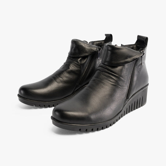 Lotus CORDELIA Womens Boots Black side view featuring leather upper and wedge sole.