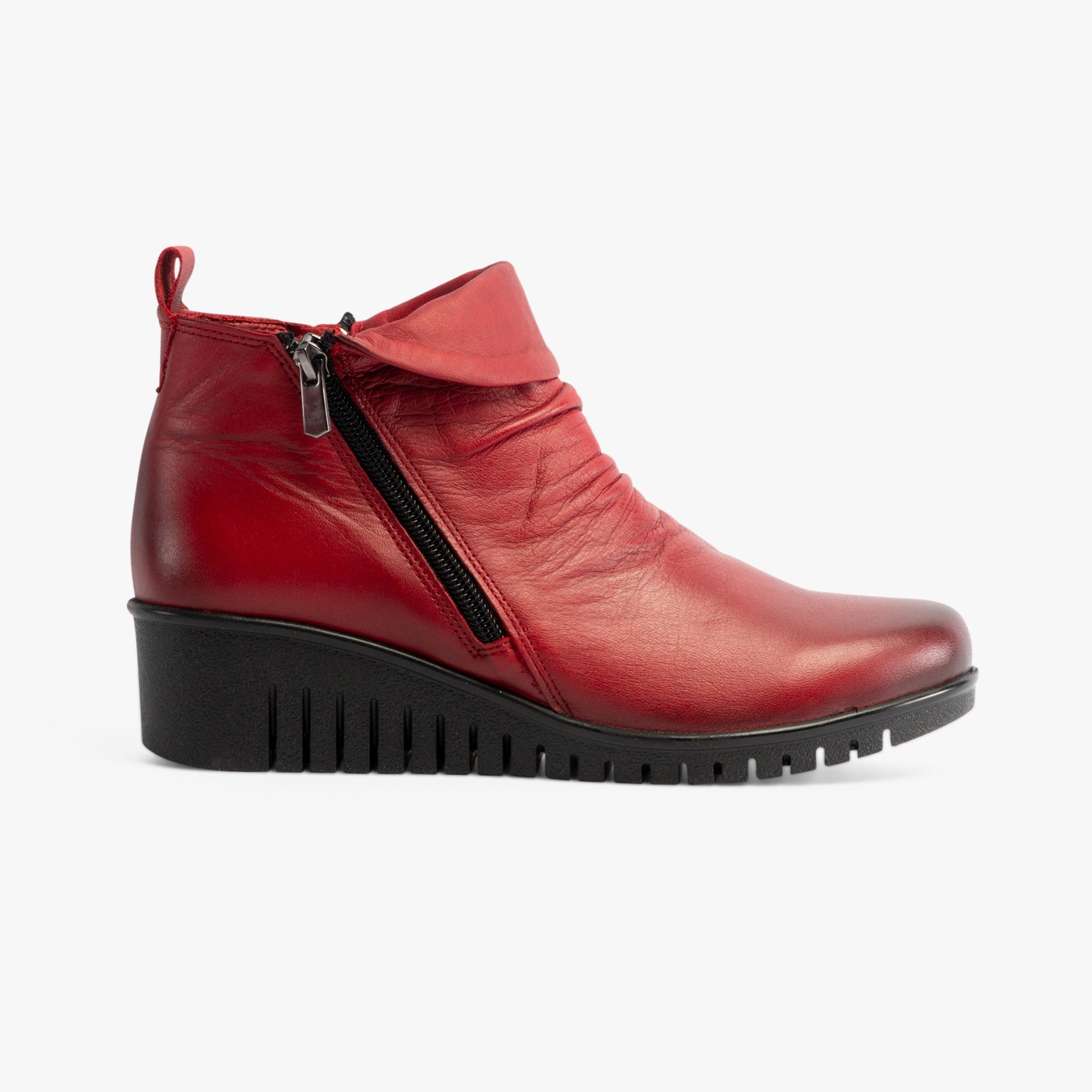 Lotus CORDELIA Womens Boots Red side view showcasing leather upper, wedge heel, and zip closure.