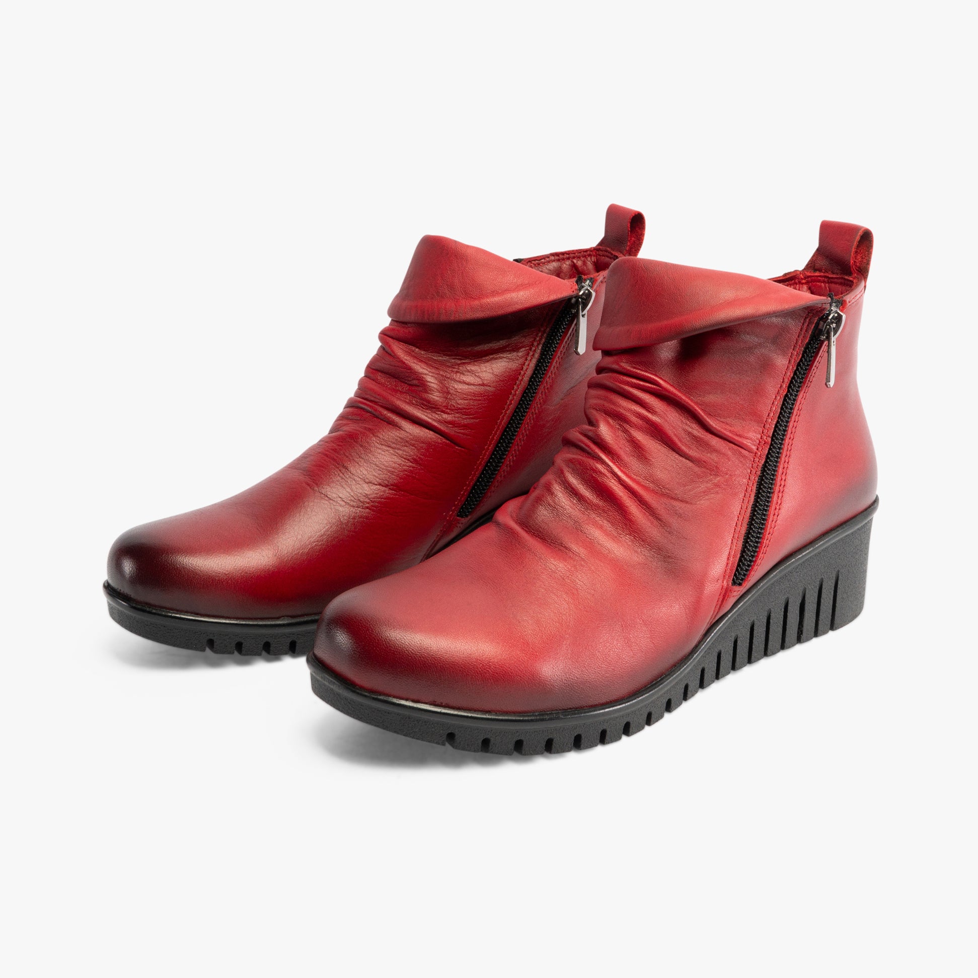 Lotus CORDELIA Womens Boots Red side view showcasing leather upper, zip closure, and wedge sole design.