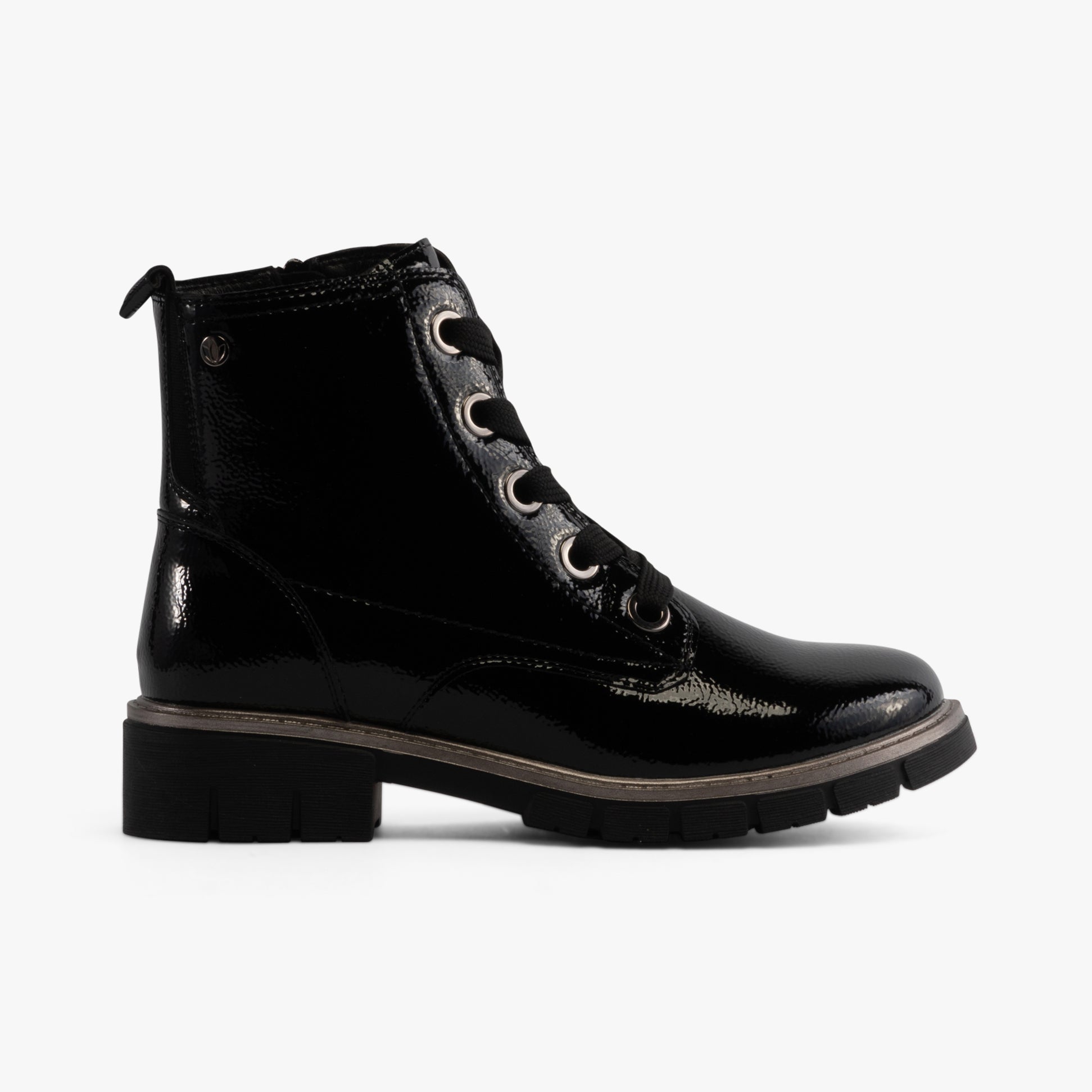 Lotus JOJO Womens Boots Black side view, patent leather ankle boots with lace-up closure and block heel.