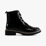Lotus JOJO Womens Boots Black side view, patent leather ankle boots with lace-up closure and block heel.