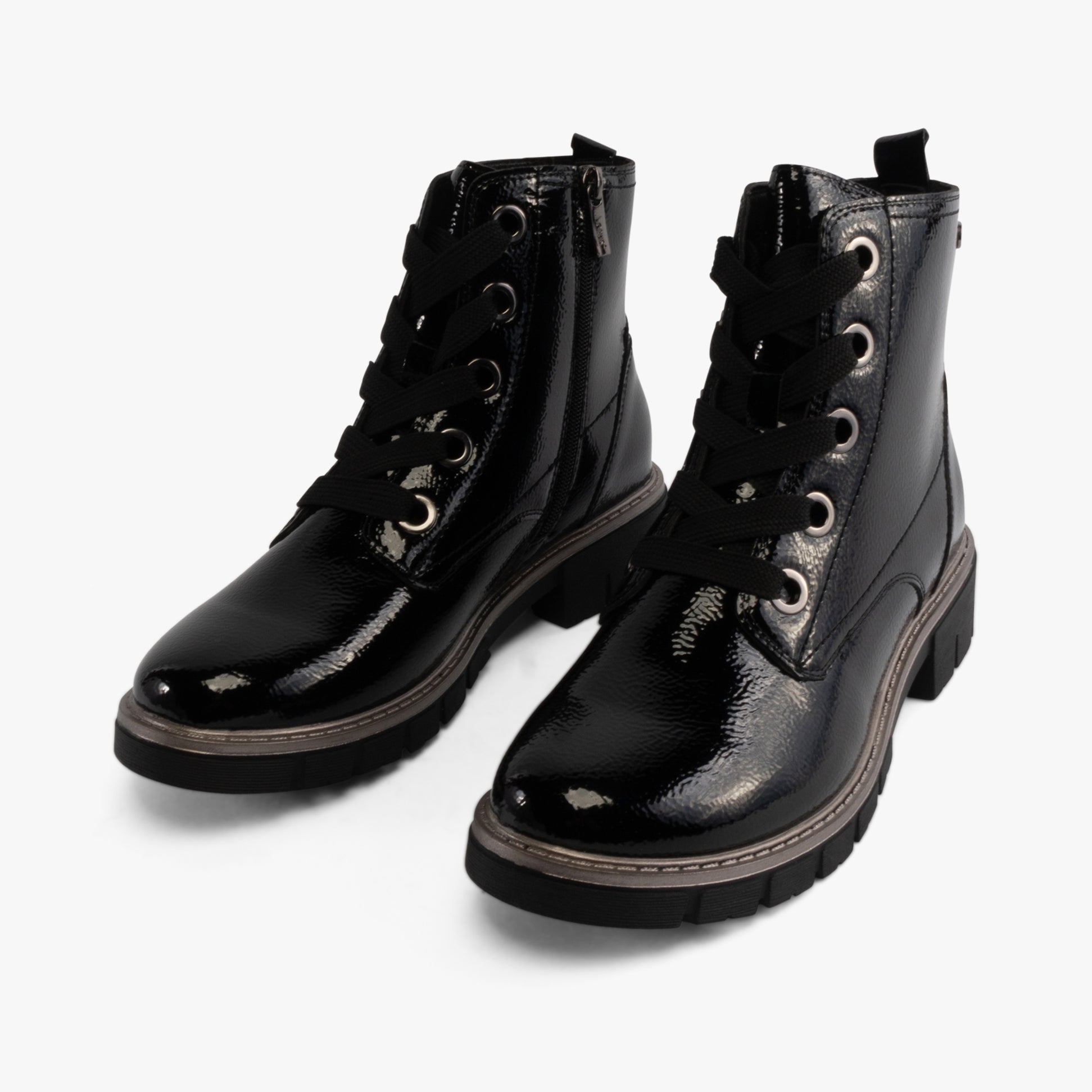 Lotus JOJO Womens Boots Black side view showcasing patent leather and lace-up design.