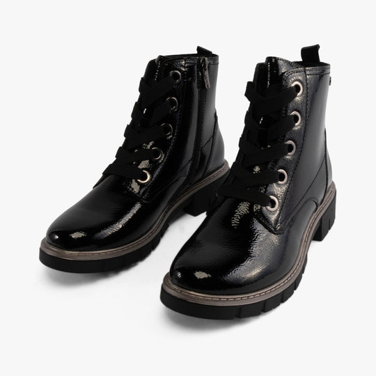 Lotus JOJO Womens Boots Black side view showcasing patent leather and lace-up design.