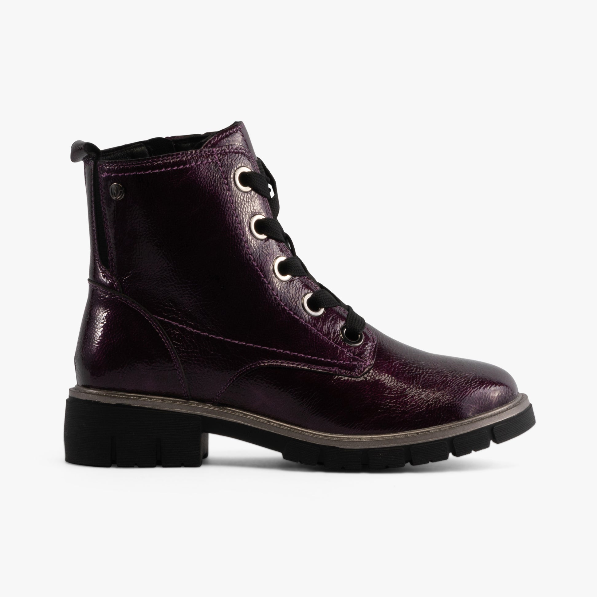 Lotus JOJO Womens Boots Purple side view showing patent leather finish and block heel design.