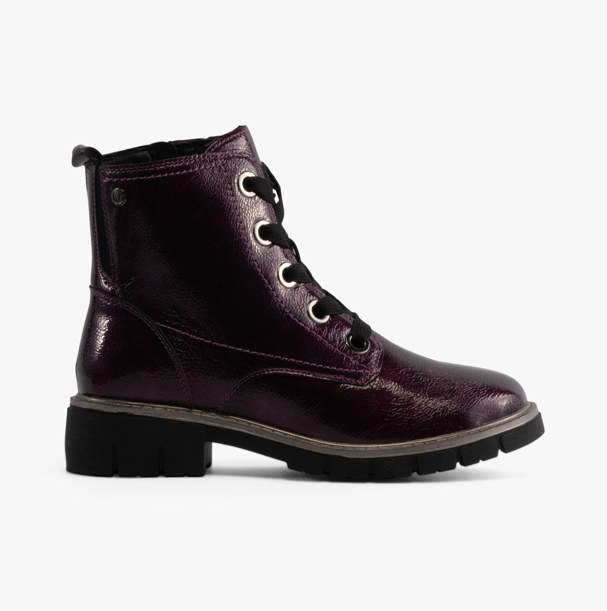 Lotus JOJO Womens Boots Purple side view showing patent leather finish and block heel design.